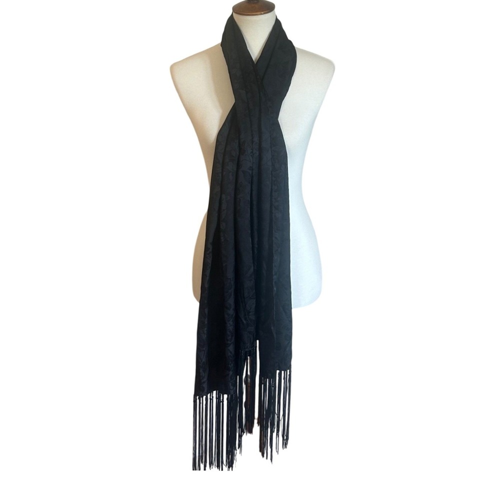 Charter Club Silk Scarf Black Floral Beaded Fringe Wrap Shawl Timeless Formal
